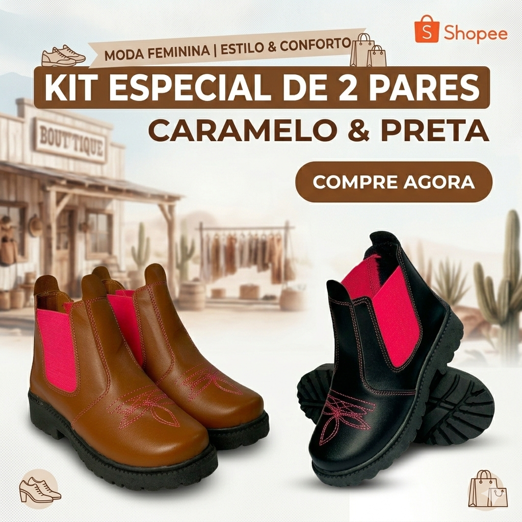 Kit 2 Pares Bota Coturno Feminina Tratorada Bordada - Caramelo, Off White e Preto -