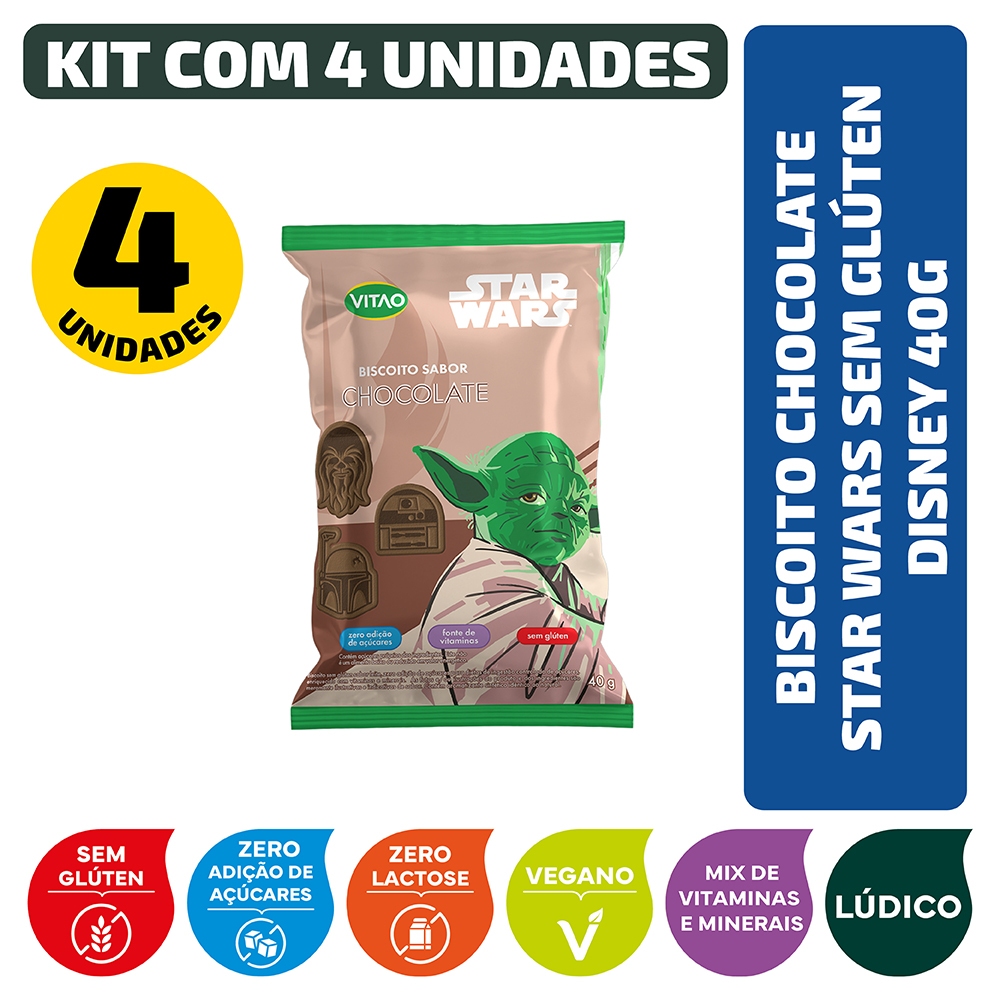 Biscoito Chocolate Star Wars Sem Glúten Vegano Disney 40g - Kit 4 unidades