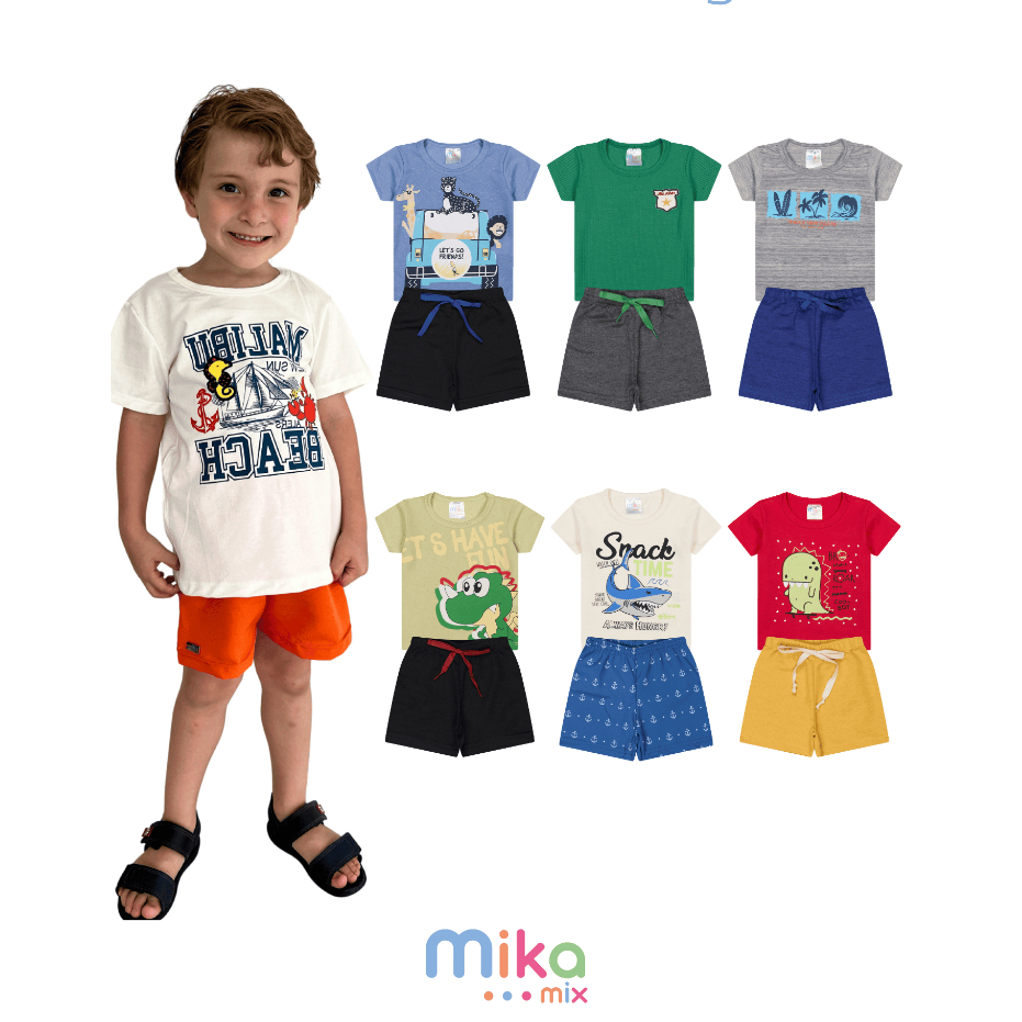 KIT DE CONJUNTO INFANTIL MENINO/MASCULINO VERÃO ESTAMPA SORTIDA CAMISETA + BERMUDA = 1CONJUNTO