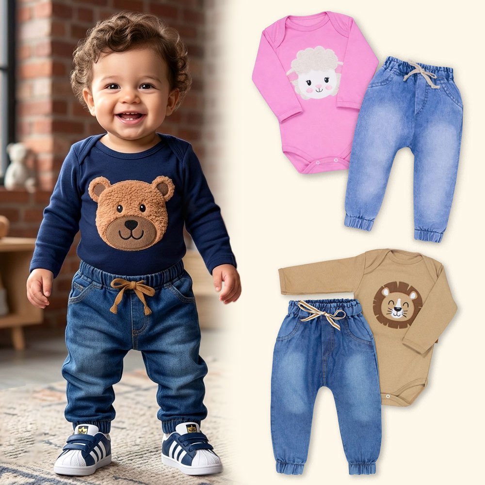 Conjunto Casual Body Bordado 3D e Calça Jeans ou Ecolinho até 12 Meses