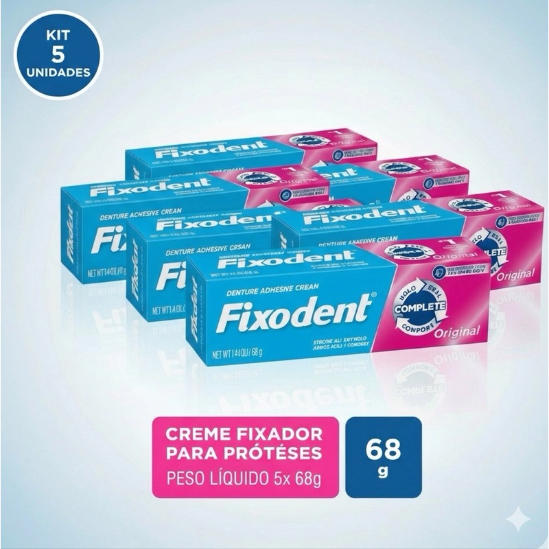(Kit 5 unidades) Fixodent 100% Original 68g Creme Fixador de Prótese Dentária em Gel Sem Glúten | Envio Imediato