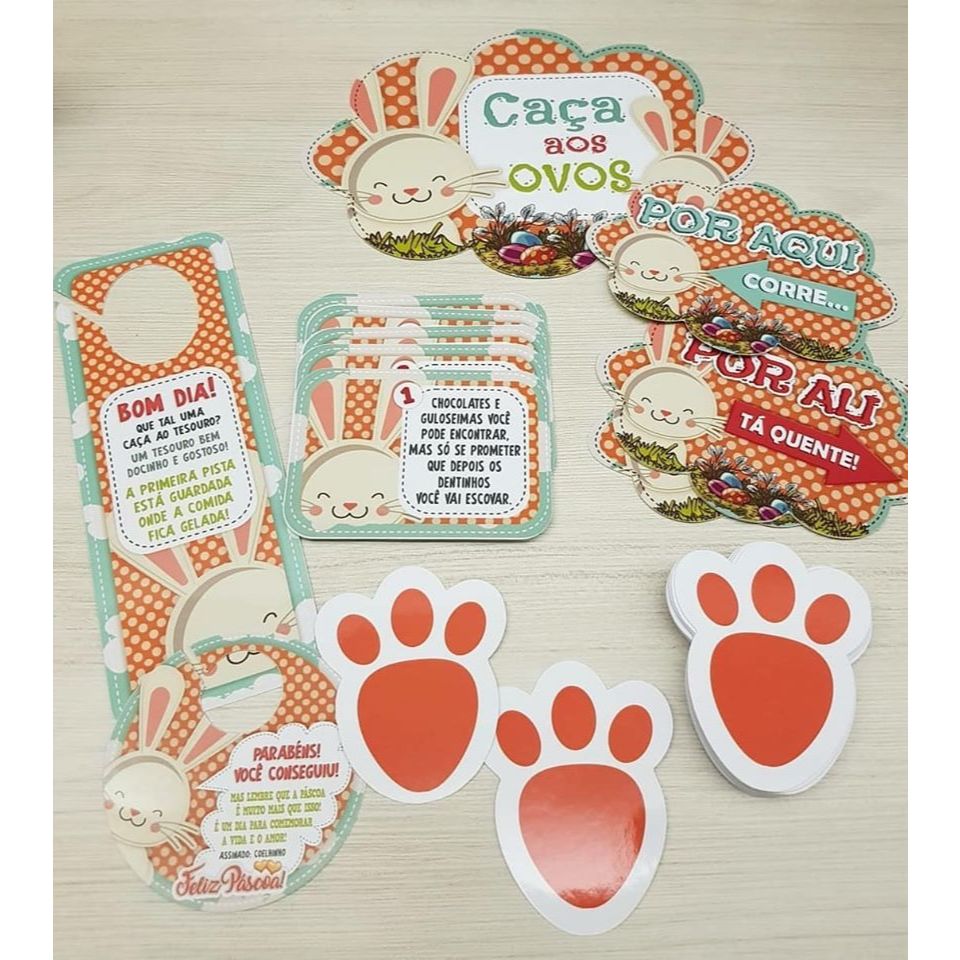 Kit Caça Aos Ovos Coelho Páscoa Brincadeira de Criança + 40 pegadas, pegadas coelho, páscoa, divertida