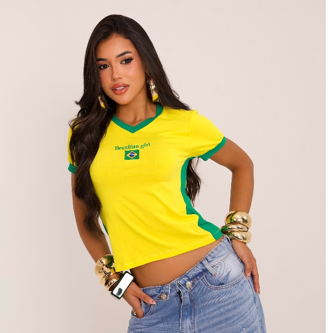 Camiseta Feminina Brazilian Girl Brasil Bordado copa do mundo gola v tecido visco lycra moda feminina em Oferta na Shopee