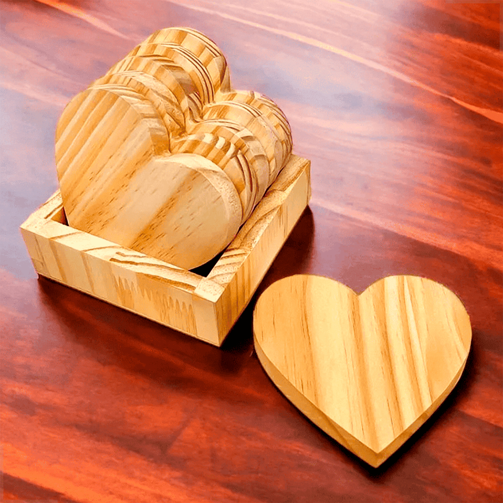 Kit 6 Porta Copos Coração Madeira Pinus com Caixote Organizador Decoração Rústica Bolacha Mesa Posta