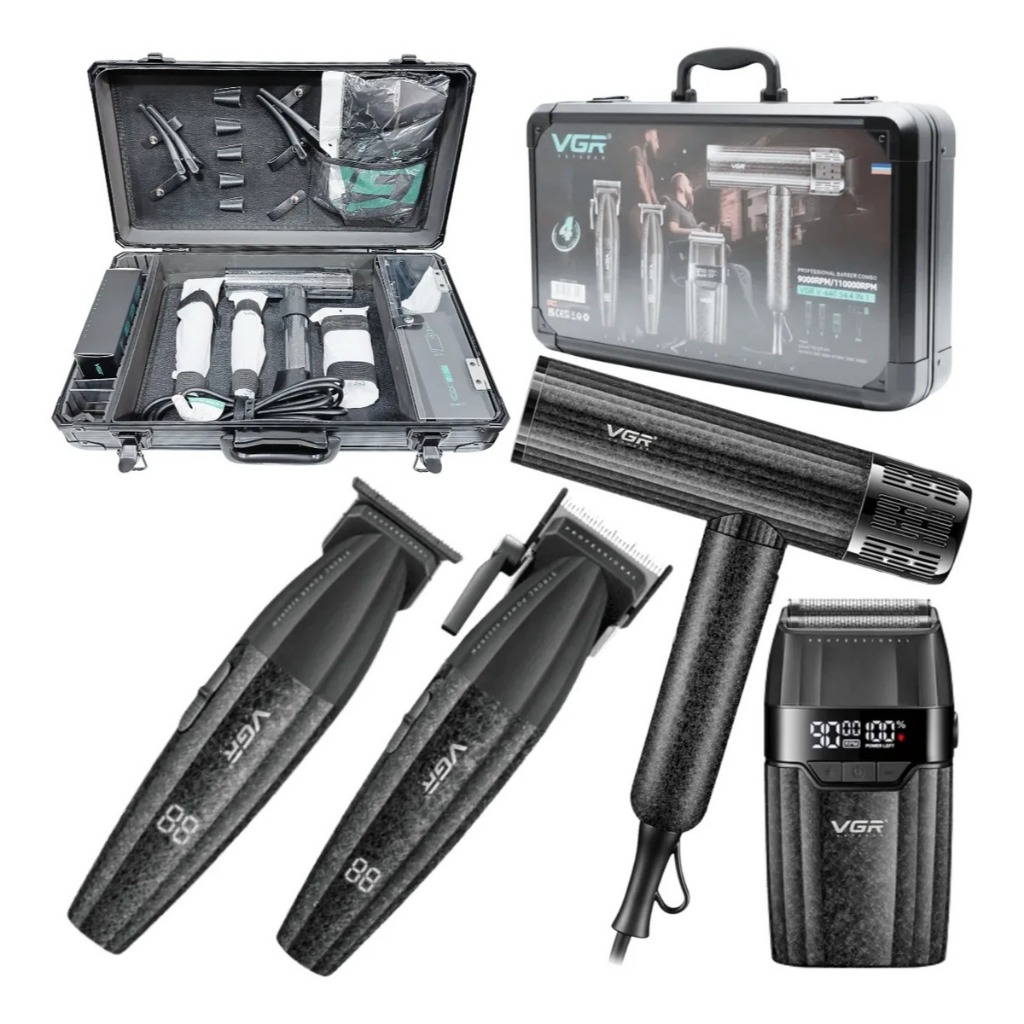 Kit Barbeiro Vgr V-640 S4 Com Máquinas + Secador + Maleta Preto + BRINDE 500Gola Higienica ou Borrifador ou Pente