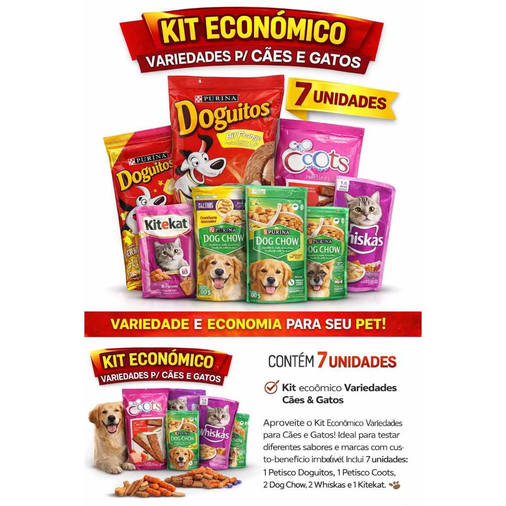 Kit Econômico Pet 7 Unidades – Sachês + Petiscos Cães e Gatos Variados | Dog Chow, Whiskas, Kitekat e Mais kit pet gatos