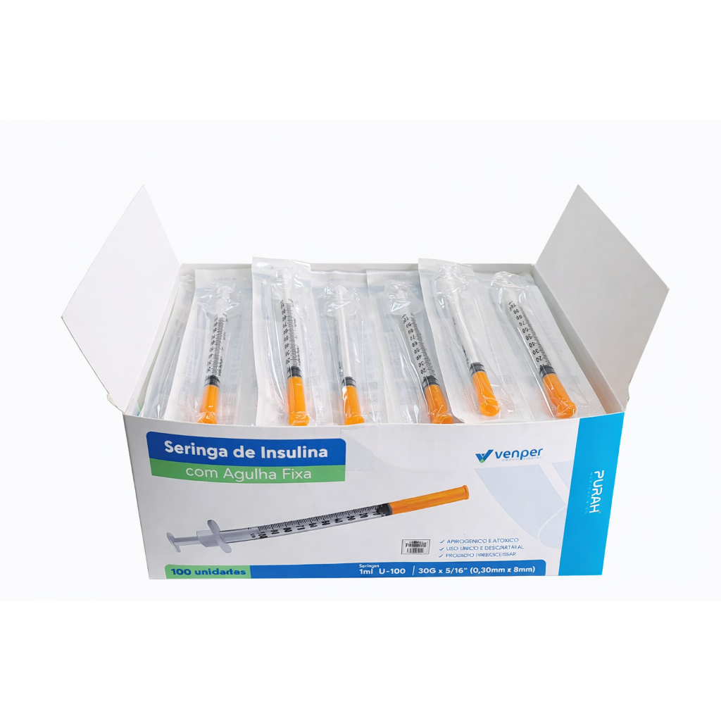 Seringa De Insulina Agulha Fixa 1ml 30x80mm Cx 100 Un 1Ml - Alta Qualidade
