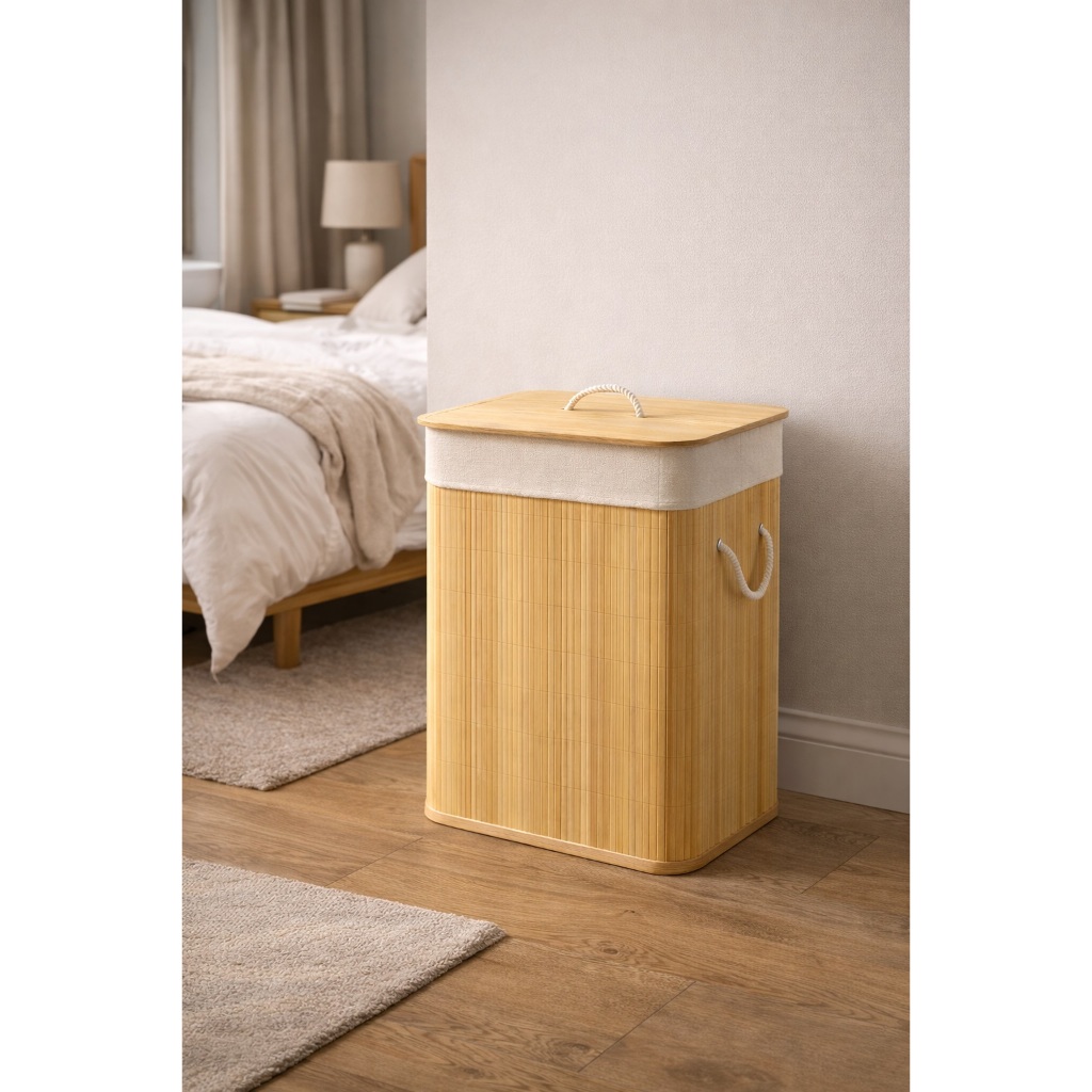 Cesto Roupa Suja Bambu Natural Grande 70L com Tampa para Banheiro Lavanderia