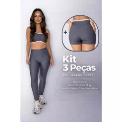 KIT 3 PEÇAS TOP, SHORTS E LEG CINZA cor contrastante