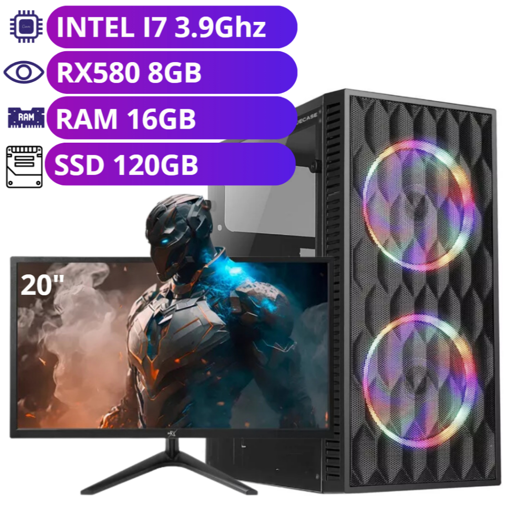 Computador Gamer Intel Core i7 Placa de Vídeo RX580 8GB com SSD 120GB e 16GB RAM C/ Monitor 20"