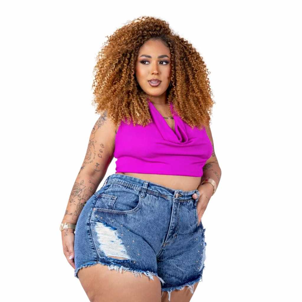 Short Jeans Com Lycra Spike Marmorizado Cintura Alta Confortável Do Slim ao Plus Size Strech Levanta Bumbum