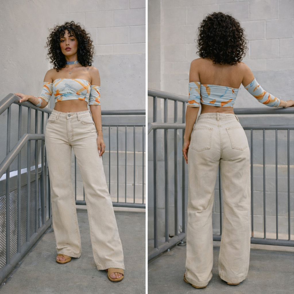 Calça Jeans feminina Wide Leg Preta Marmorizada Pantalona boca larga - cintura alta premium