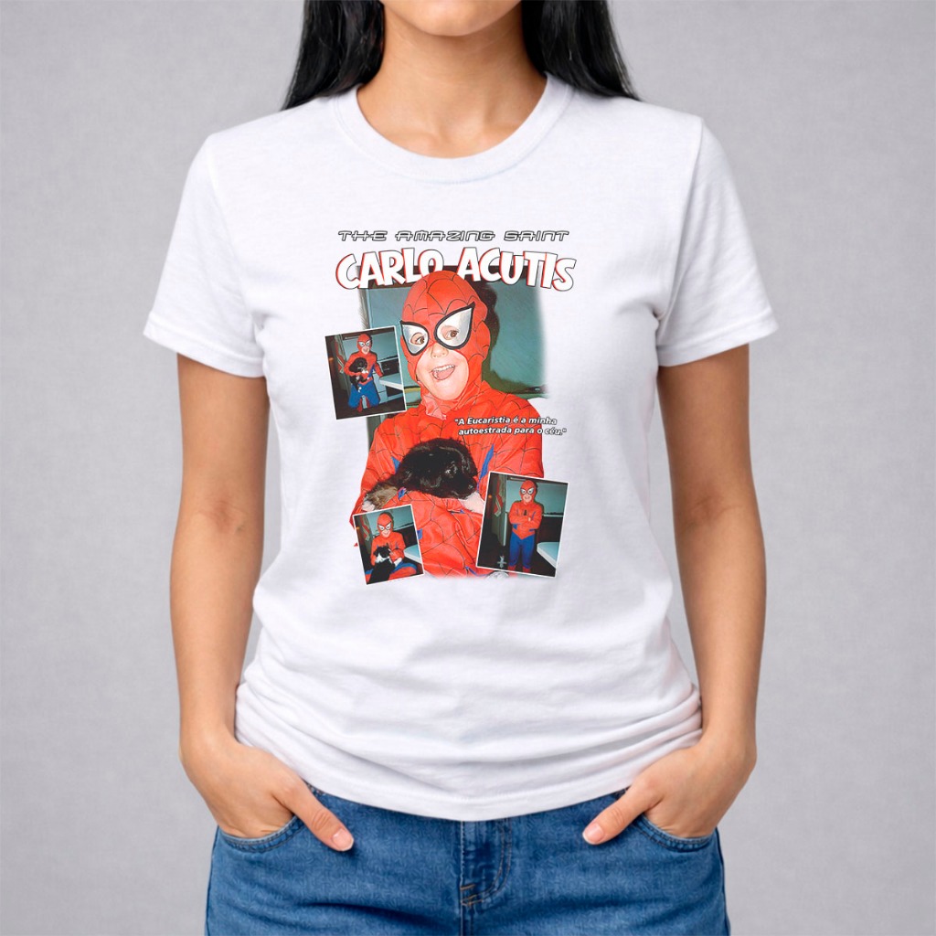 Camiseta Carlo Acutis Católica Feminina 100% Algodão Santo Carlo Acutis Fé Cristã Igreja Dia a Dia