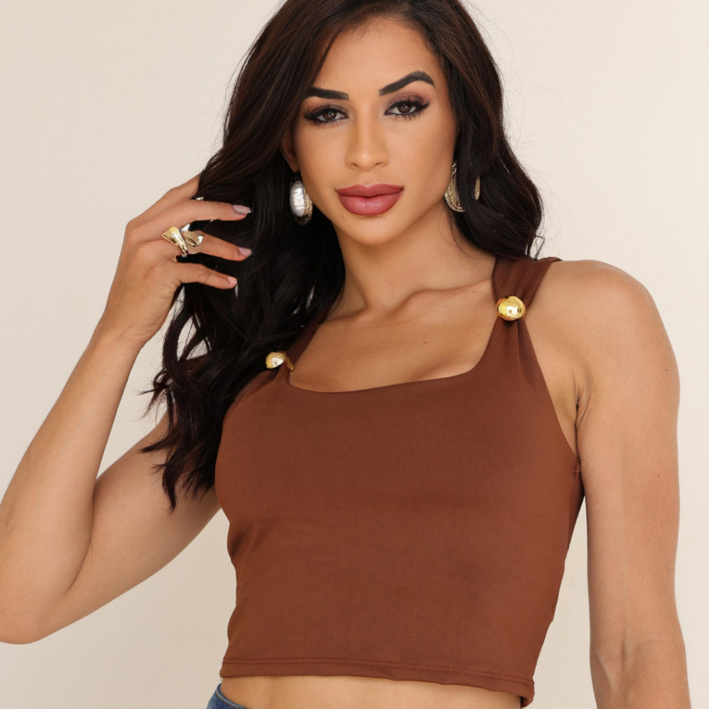 Blusa Cropped Feminina Regata Canelado Alca Com Forro Fivela Dourada Argola Elegante Casual Tendencia Verao