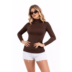 Cacharrel Marrom - Cacharrel Feminina - Blusa Cacharrel de Manga Longa com Gola Alta