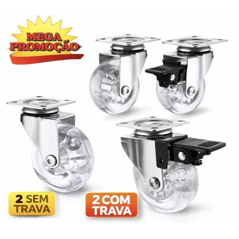 Kit 4 Rodízios 50mm Com Trava Transparente Giratório Para Móveis Mesa Carrinho em Oferta na Shopee