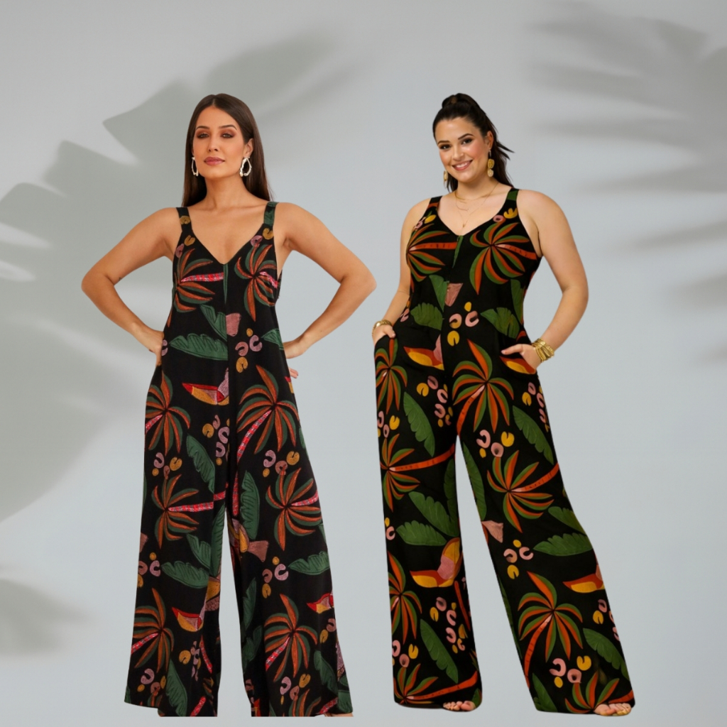 Macacão Longo Decote V Estampado Boho Chic Pantalona Alça Elegante Sofisticado Moderno Casual