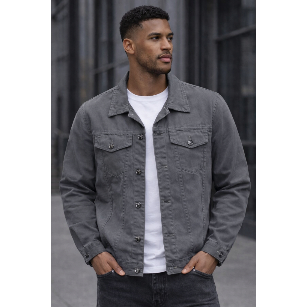 Jaqueta Jeans Sarja Cinza Grafit Slim Fit Masculina Design Casual Moderno Elegante Estilo Urbano
