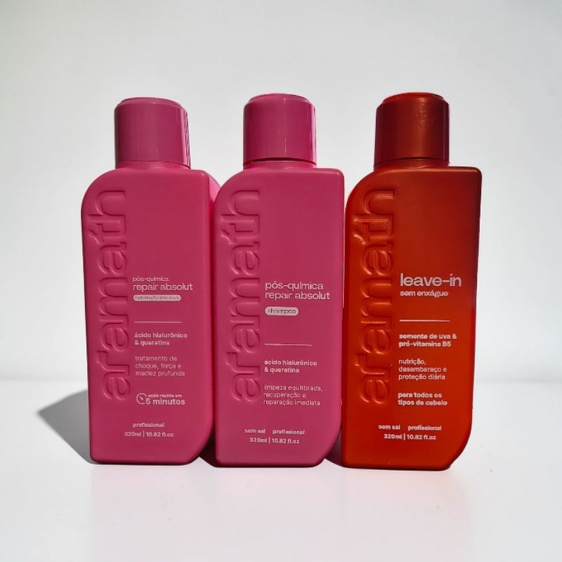 kit Shampoo pós-química Repair absolut + Hidratação intensiva pós-química Repair absolut + Leave-in sem enxágue.