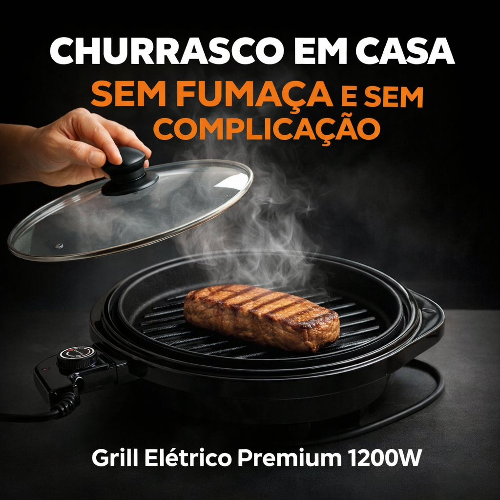 Grill Elétrico Redondo Premium 127V com Termostato Antiaderente Tampa de Vidro 1200W