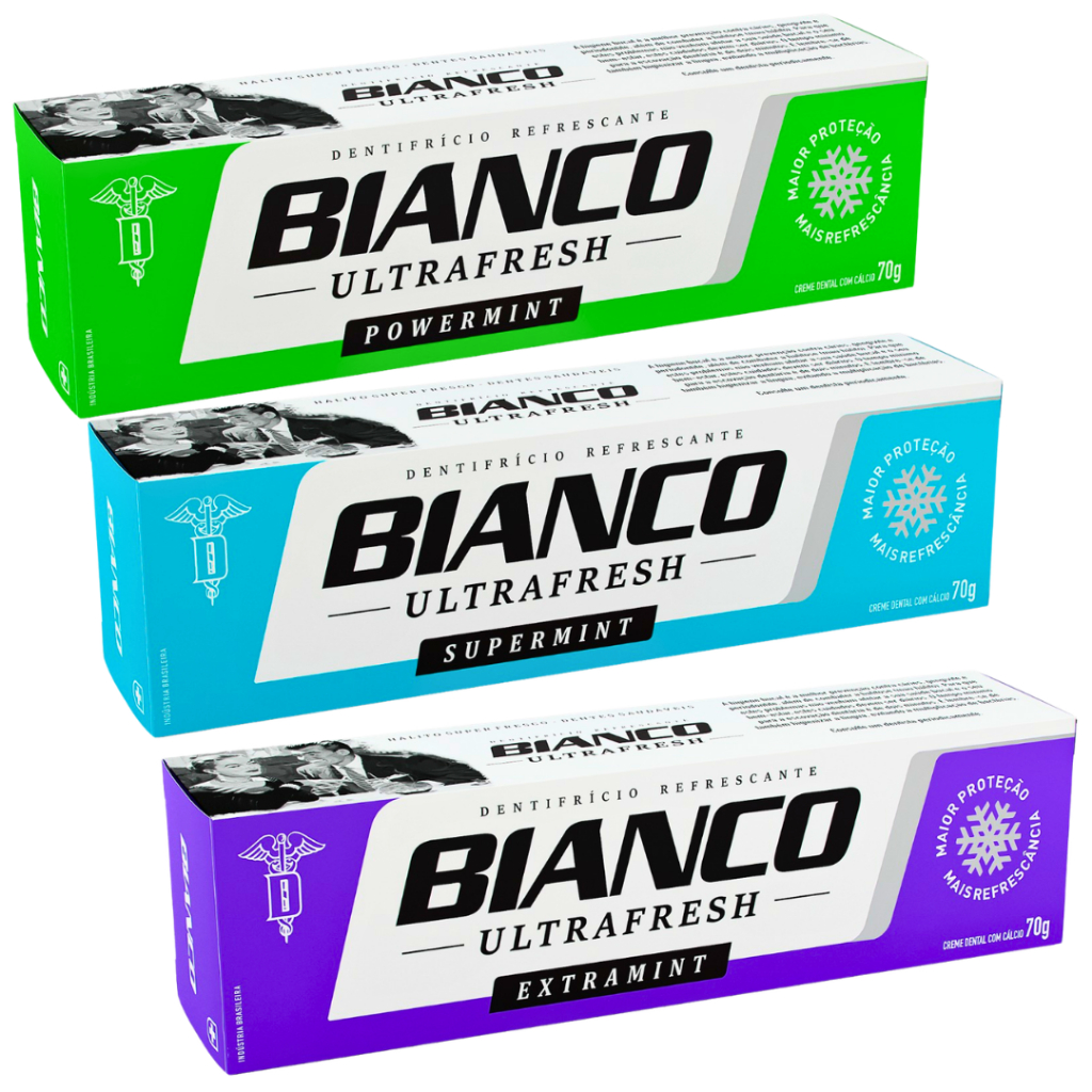 Kit 3 Creme Dental Bianco Ultrafresh 70g Powermint Supermint Extramint Hálito Refrescante Proteção