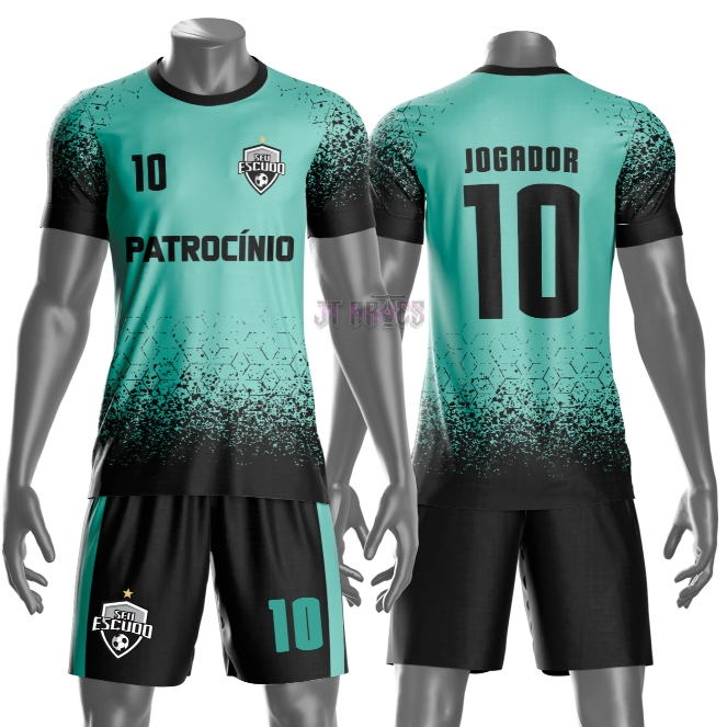 Uniforme personalizado jogador futebol amador esportivo camiseta e calção nome número escudo mod 52