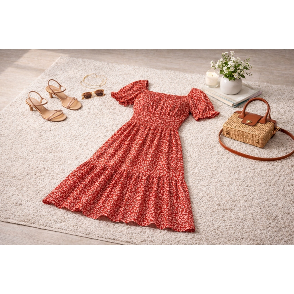 Vestido Floral Estampado Midi Romântico Manga Curta Princesa Camponesa Confortável Plus Size Gestante Dia das Mães