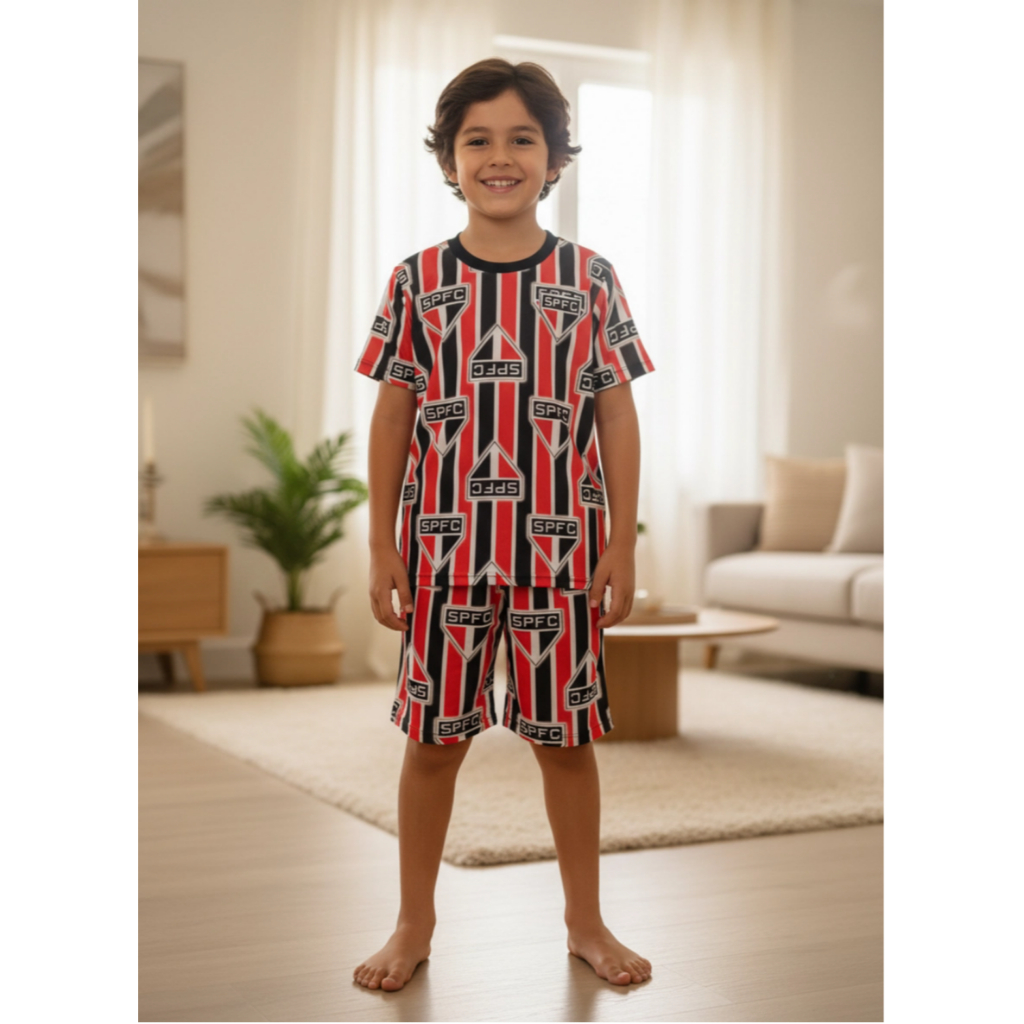 Pijama Masculino infantil Time Tricolor Conjunto Short e Camiseta Estampa Futebol Manga Curta Confortável