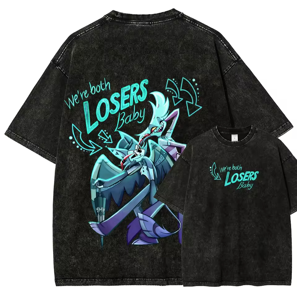 Camiseta Basica Estonada Algodao Hazbin Hotel Husk e Angel Dust We're both LOSERS Baby Estilo Cyber Punk Cartoon Unissex