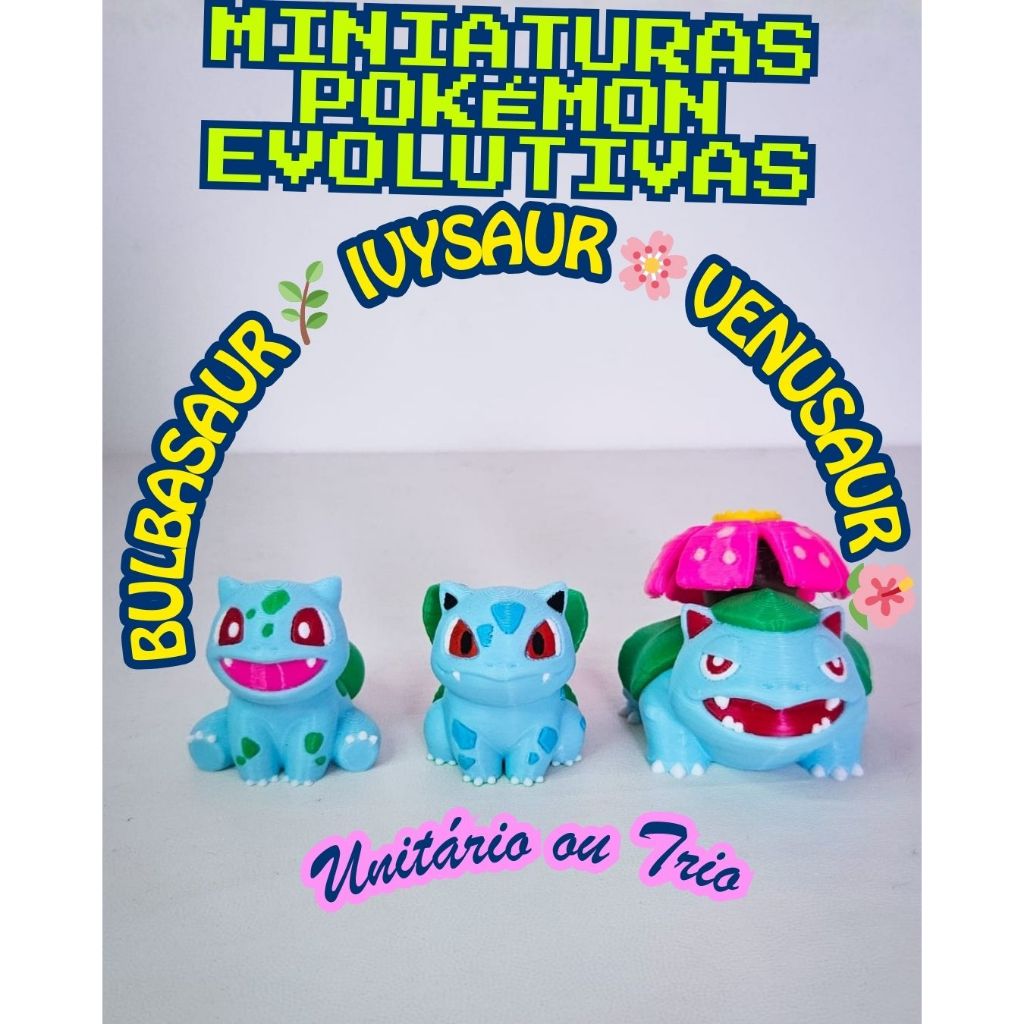 Miniaturas Pokémon Evolutivas – Bulbasaur 🌿 Ivysaur 🌸 Venusaur 🌺 (Unitário ou Trio)