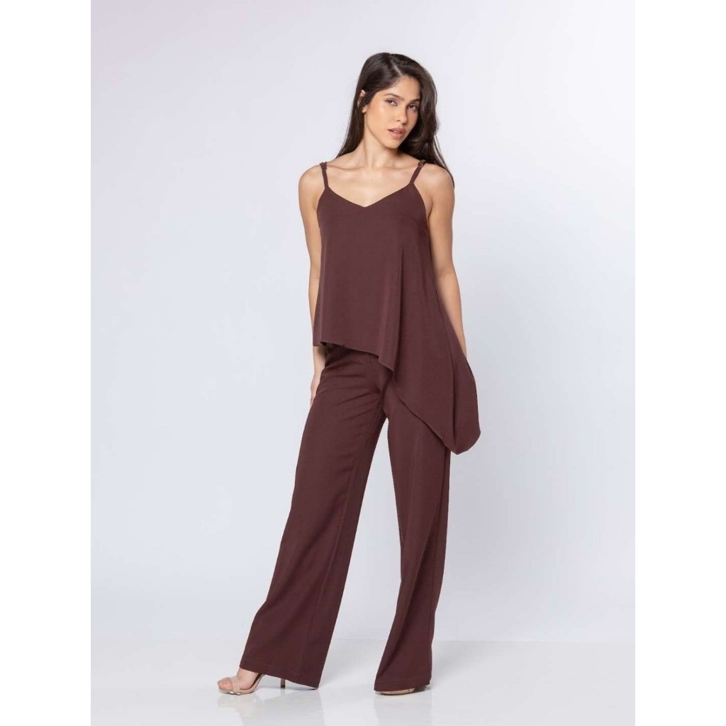 Conjunto Alfaiataria Twill Nobre Blusa Assimétrica e Calça Pantalona Lisa Elegante