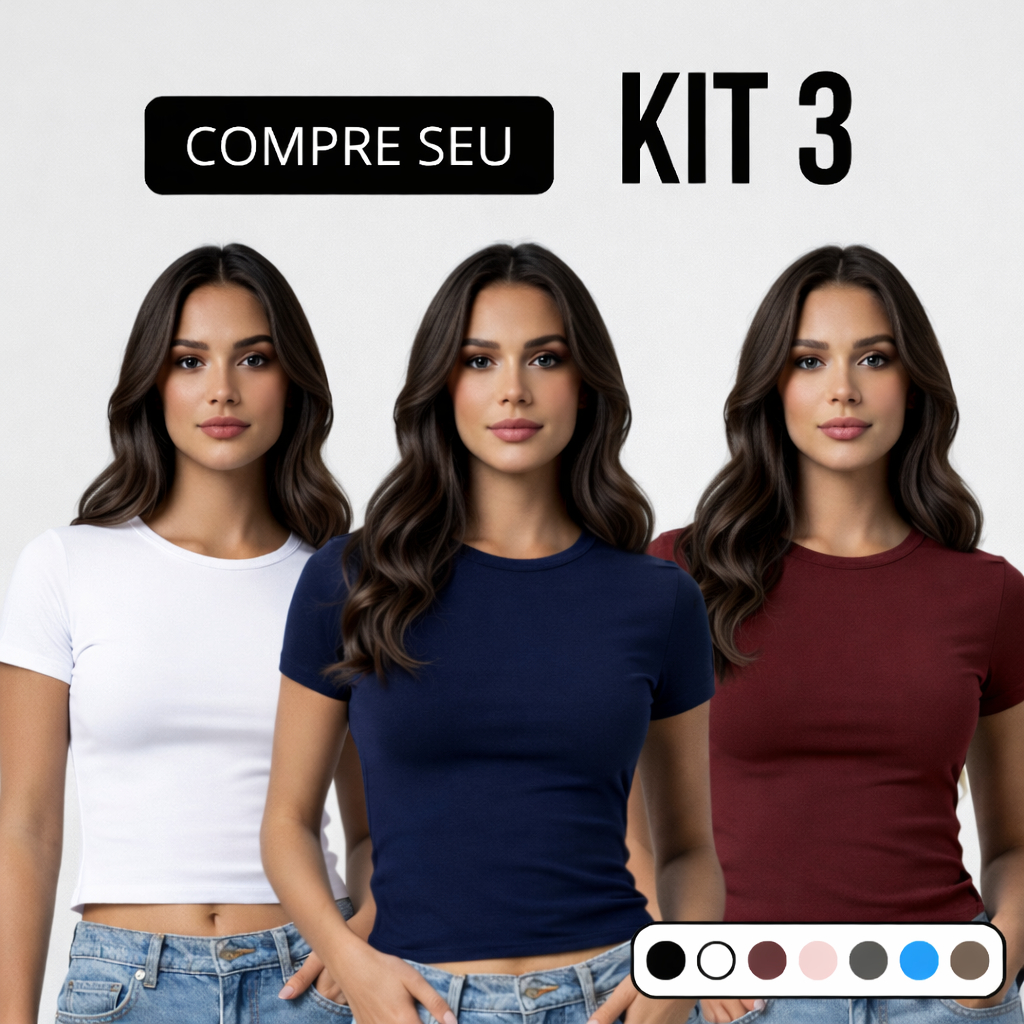 Kit 03 Baby Tee Feminina - Blusa Slim Fit Manga Curta - Blusa de Compressao Baby Tee