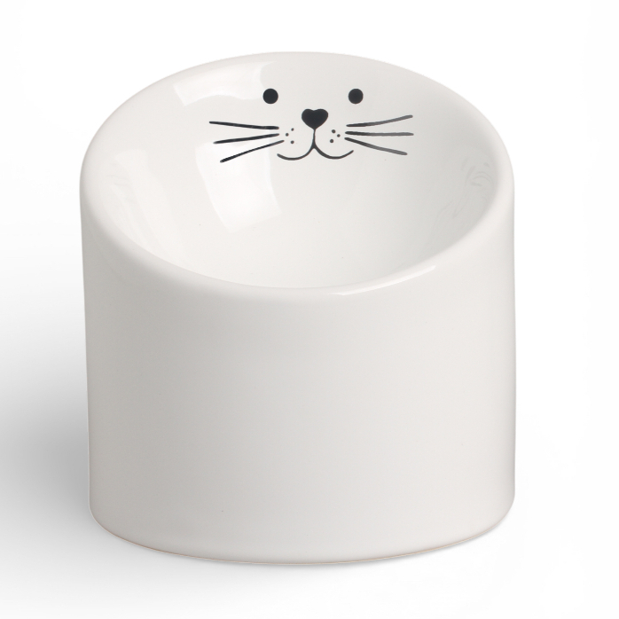 Comedouro Elevado Para Gato Cerâmica Tigela Ergonômica Postura Correta Cinza/Branco Com Carinha