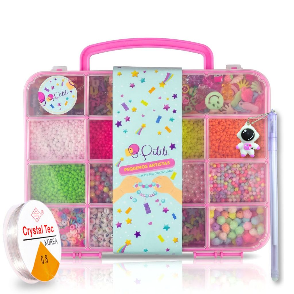 Kit Miçangas 4000 Peças para Fazer Pulseiras + Fio Elástico | Maleta Organizadora Bijuteria Infantil em Oferta na Shopee