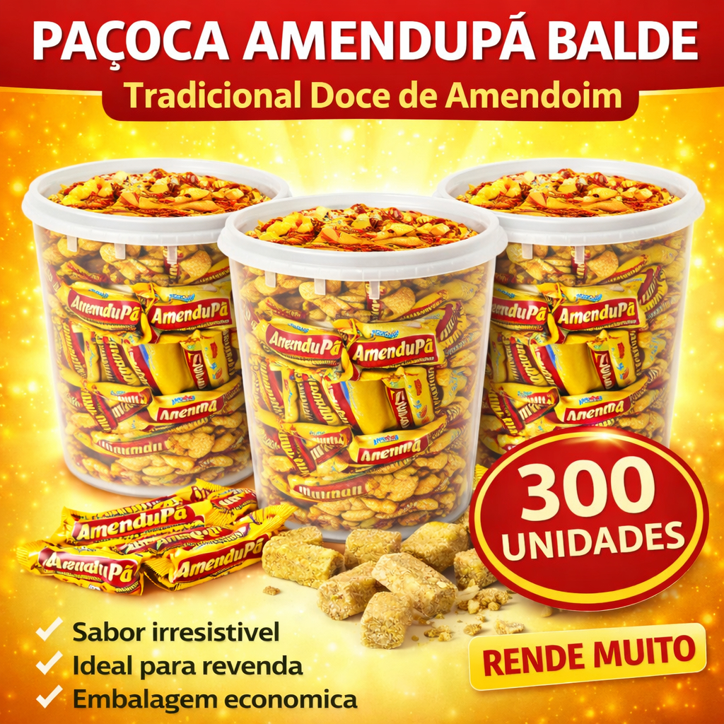 Paçoca Amendupã 50, 100, 200 ou 300 Unidades Doce Amendoim Tradicional Balde Atacado Ideal Revenda