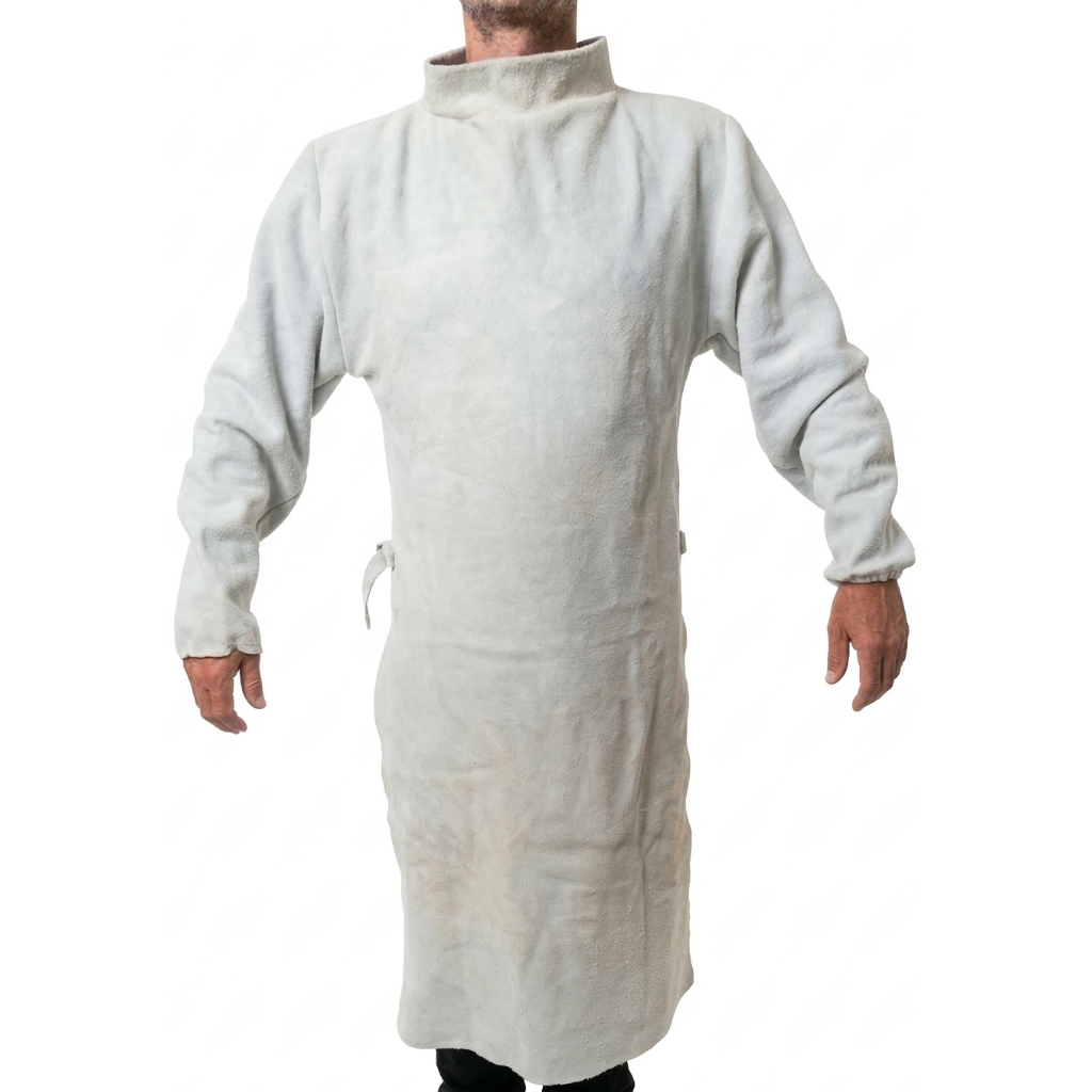 Avental Em Couro Raspa Tipo Barbeiro 120cm Gola Alta Proteção EPI Para Soldador