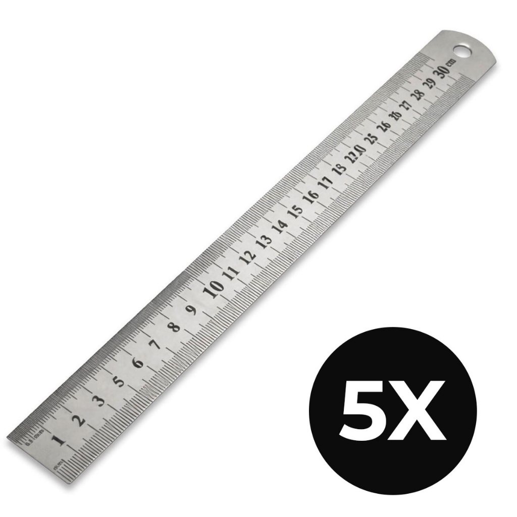 Régua 30cm Jogo com 5 Peças em Metal Graduada em Aço com Dupla Escala 300mm 12 Polegadas