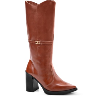 Bota Feminina Lumiss Cano Alto Salto Alto Bloco Bico Fino Enfeite Dourado em Oferta na Shopee