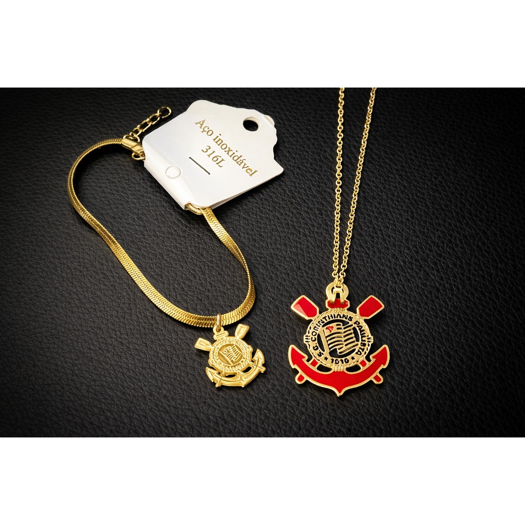 Kit Exclusivo Corinthians – Colar corrente Folhado + Pulseira aço Inox em Caixa premium