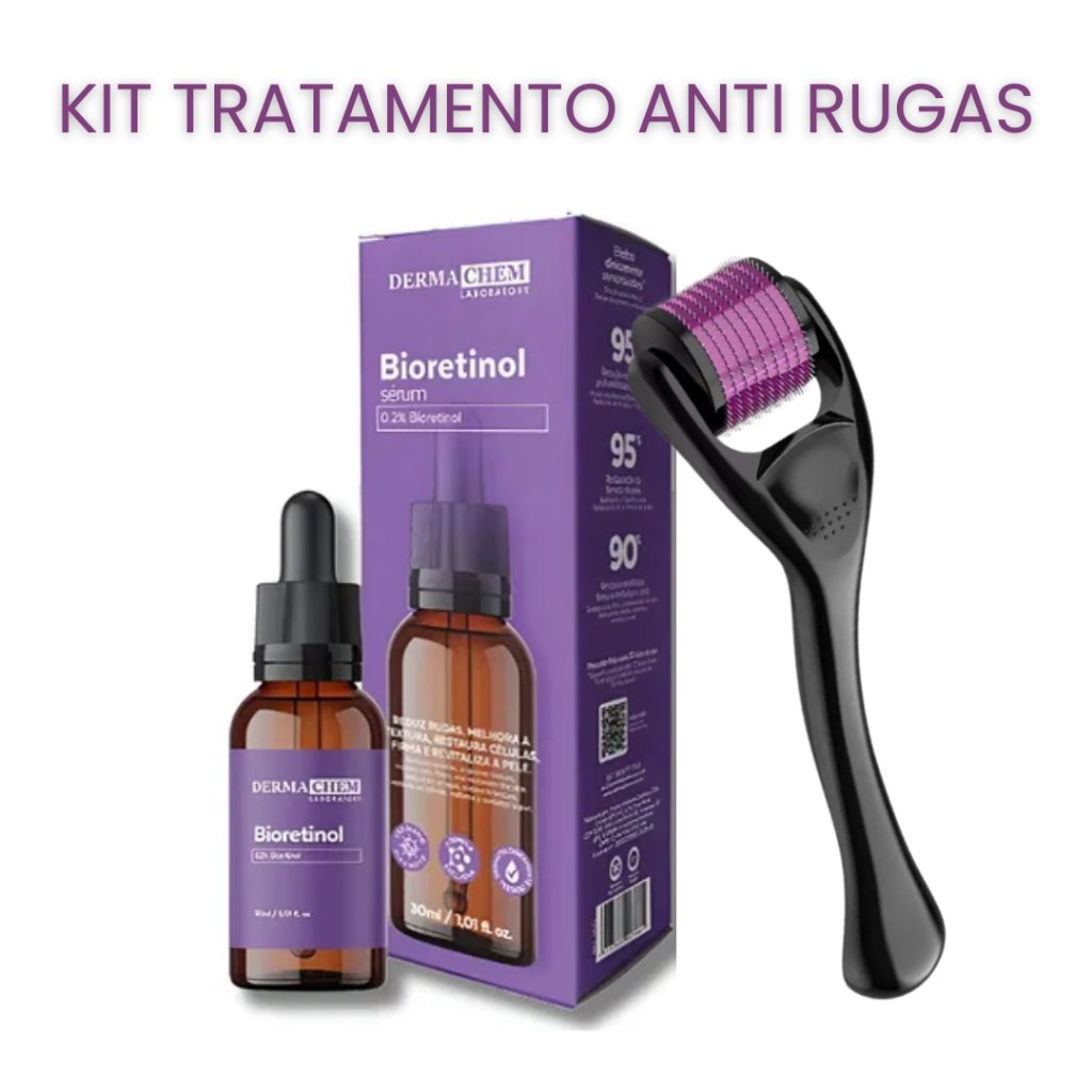 Dermaroller + Sérum Bioretinol Dermachem 30ml Tratamento Anti Rugas Linhas de Expressão Colágeno Microagulhamento