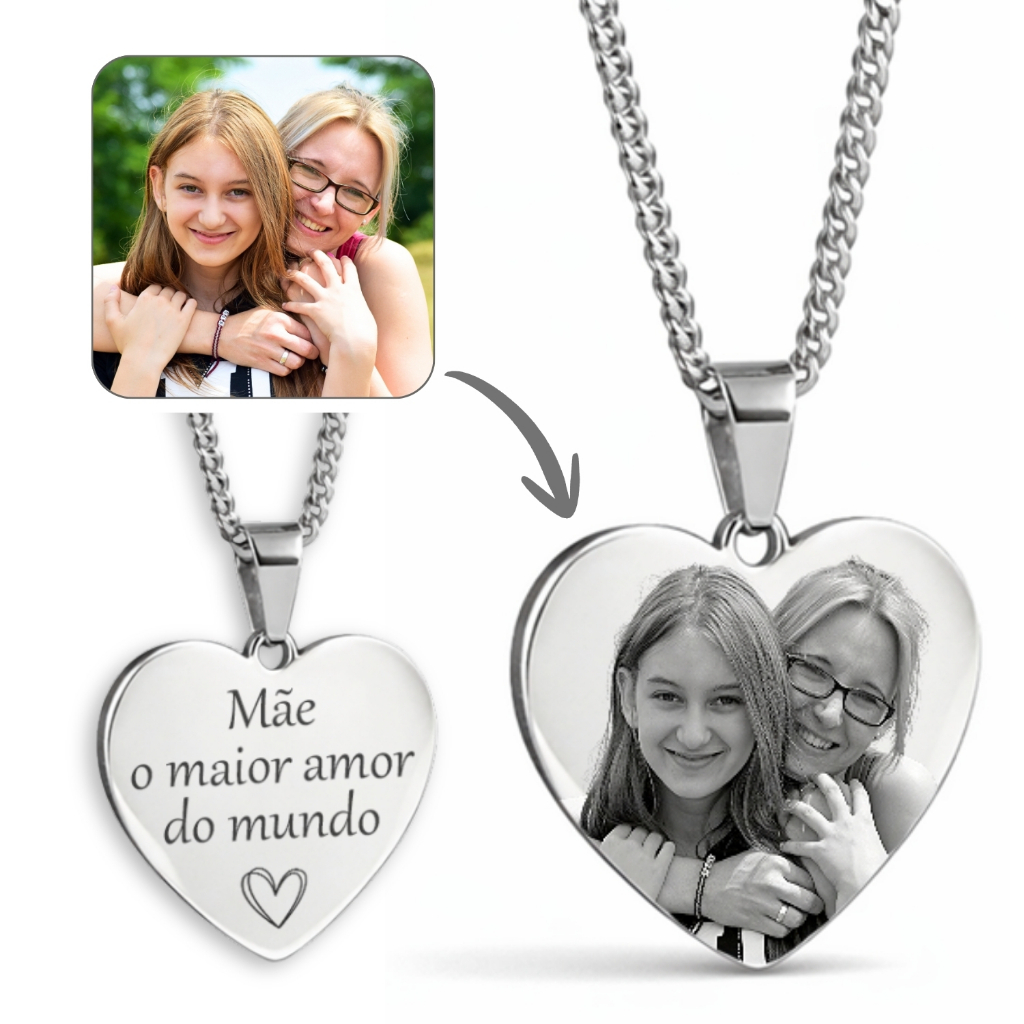 Colar Coração Personalizado com Foto Gravada a Laser Aço Inox Presente Dia das Mães