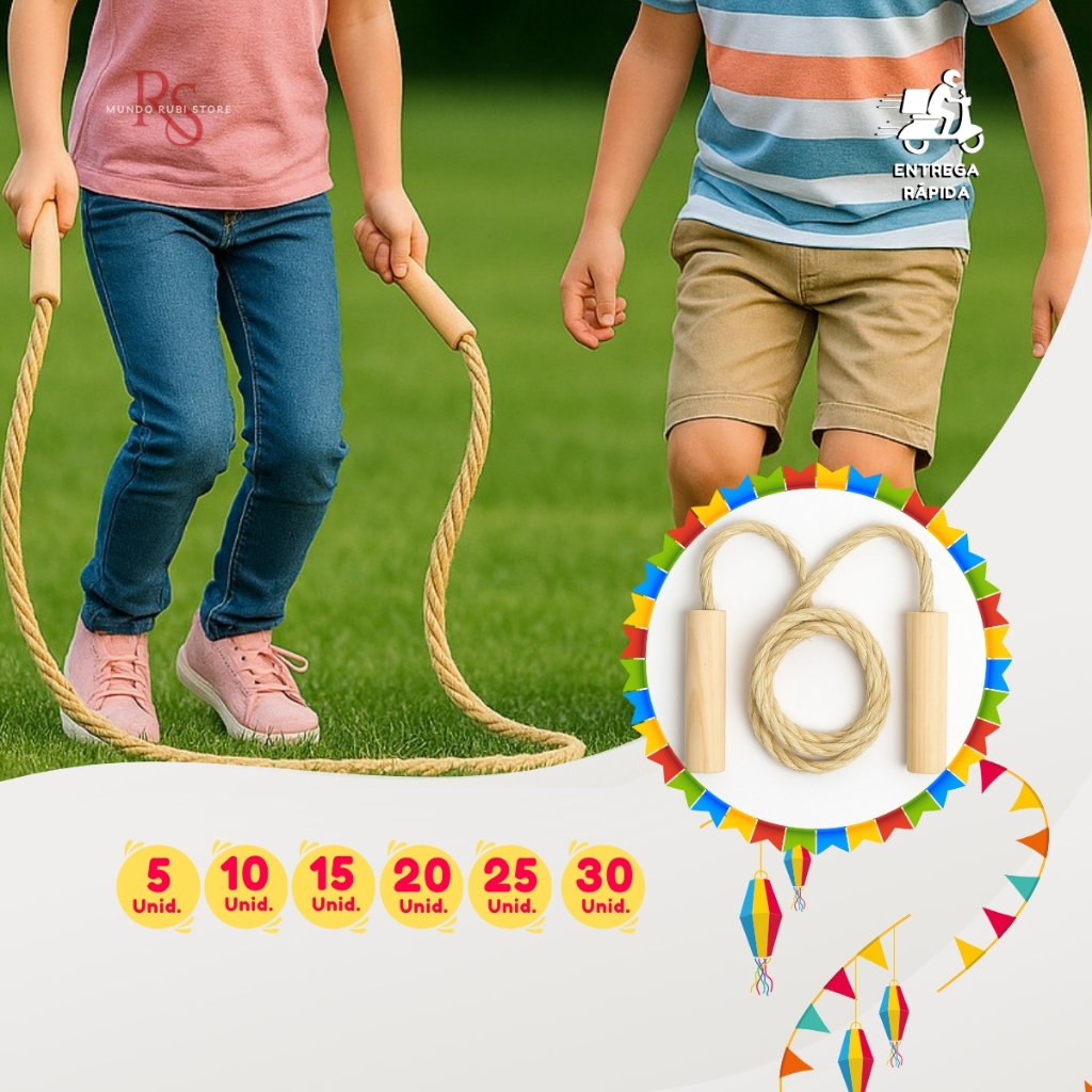 Pula Corda Infantil Sisal 1,6m Kit 5 a 30 Unid. Festa Junina Prendas Brinquedo Presente Festa São João