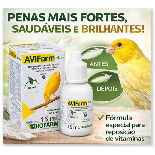 Avitrin Muda Avifarm 15ml – Vitamina para Troca de Penas de Pássaros | Canários, Curió, e Exóticos