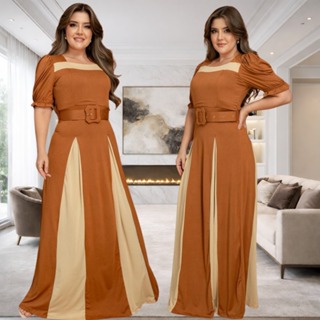 Vestido Feminino Longo Bicolor Social Manga Estilosa Cinto Moda Evangélica Plus Size Congresso em Oferta na Shopee