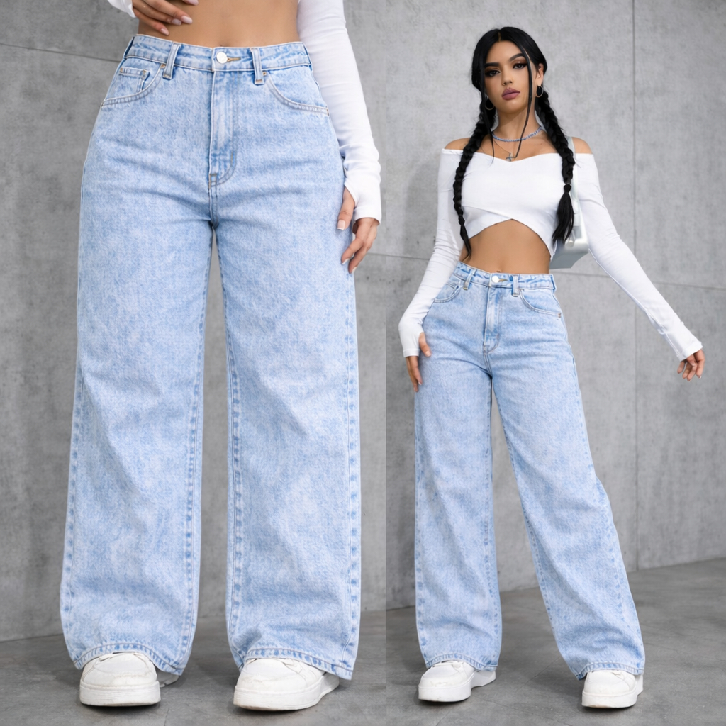 Calça Wide Leg Jeans Marmorizada Premium Levanta Bumbum Cintura Alta Perna Larga Calça Pantalona