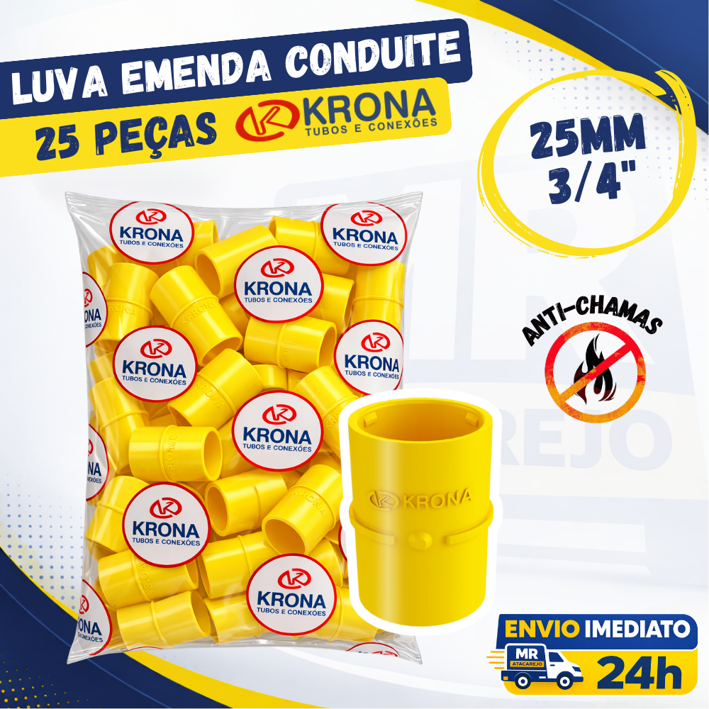 Kit 25 Luva Para conduite Pvc Amarela 3/4 25mm KRONA