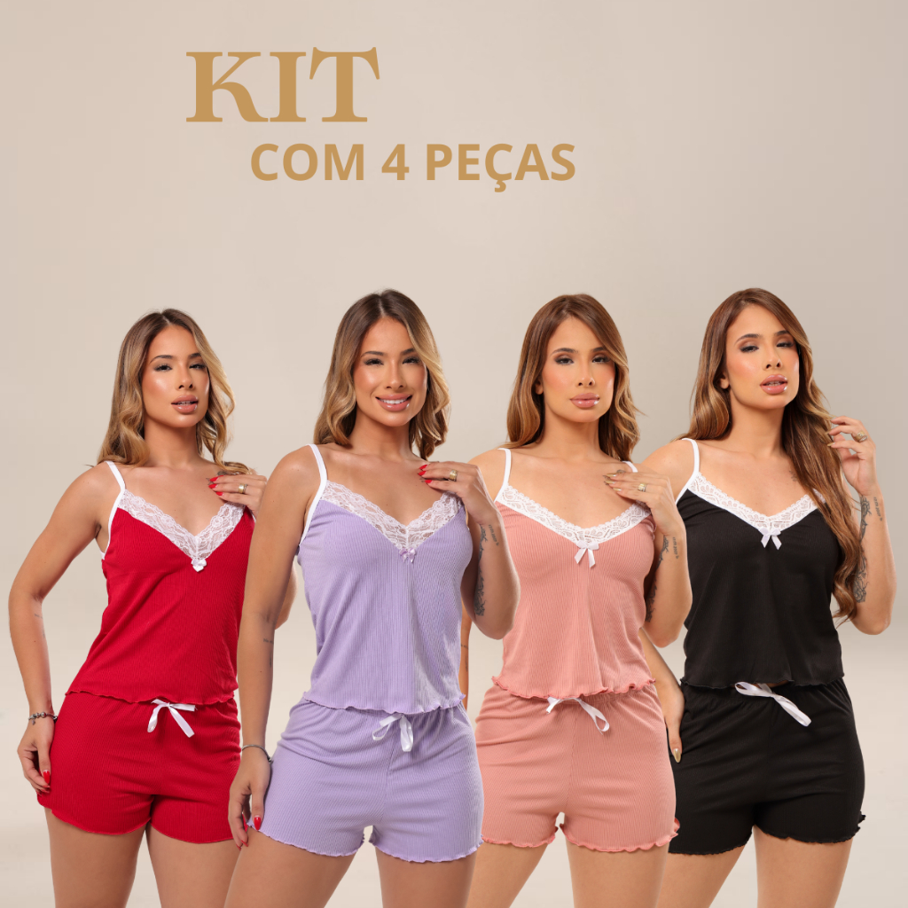 Kit 4 Baby Doll Sexy Short Doll Com Detalhes Renda e Laço Pijama Canelado Suede Premium Confortável