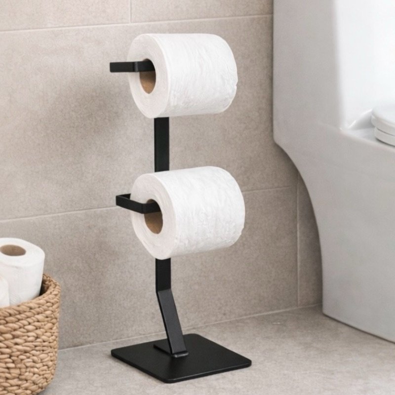 Porta Papel Higiênico De Chão Duplo 2 Rolos Banheiro Lavabo Preto Suporte de papel higiênico Organizadores para Casa
