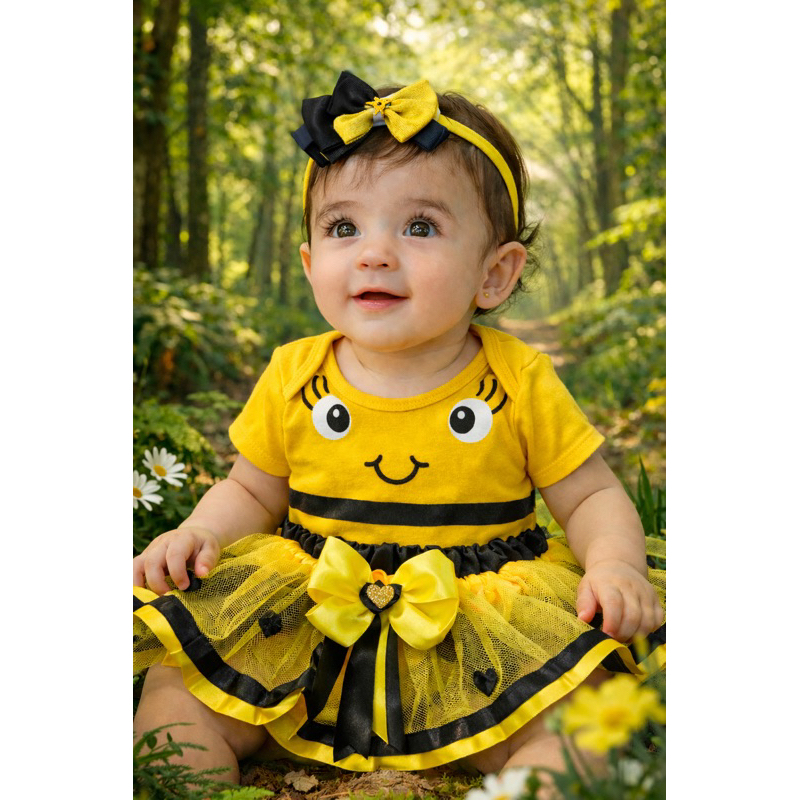 Body Bebê Temático Mesversário + Tule + Laço + Laço - ABELHA