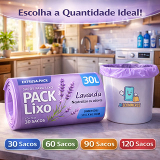 Sacos de Lixo Perfumado Lavanda 30 Litros Neutraliza Odores Econômico Resistente Cheiroso 59x62